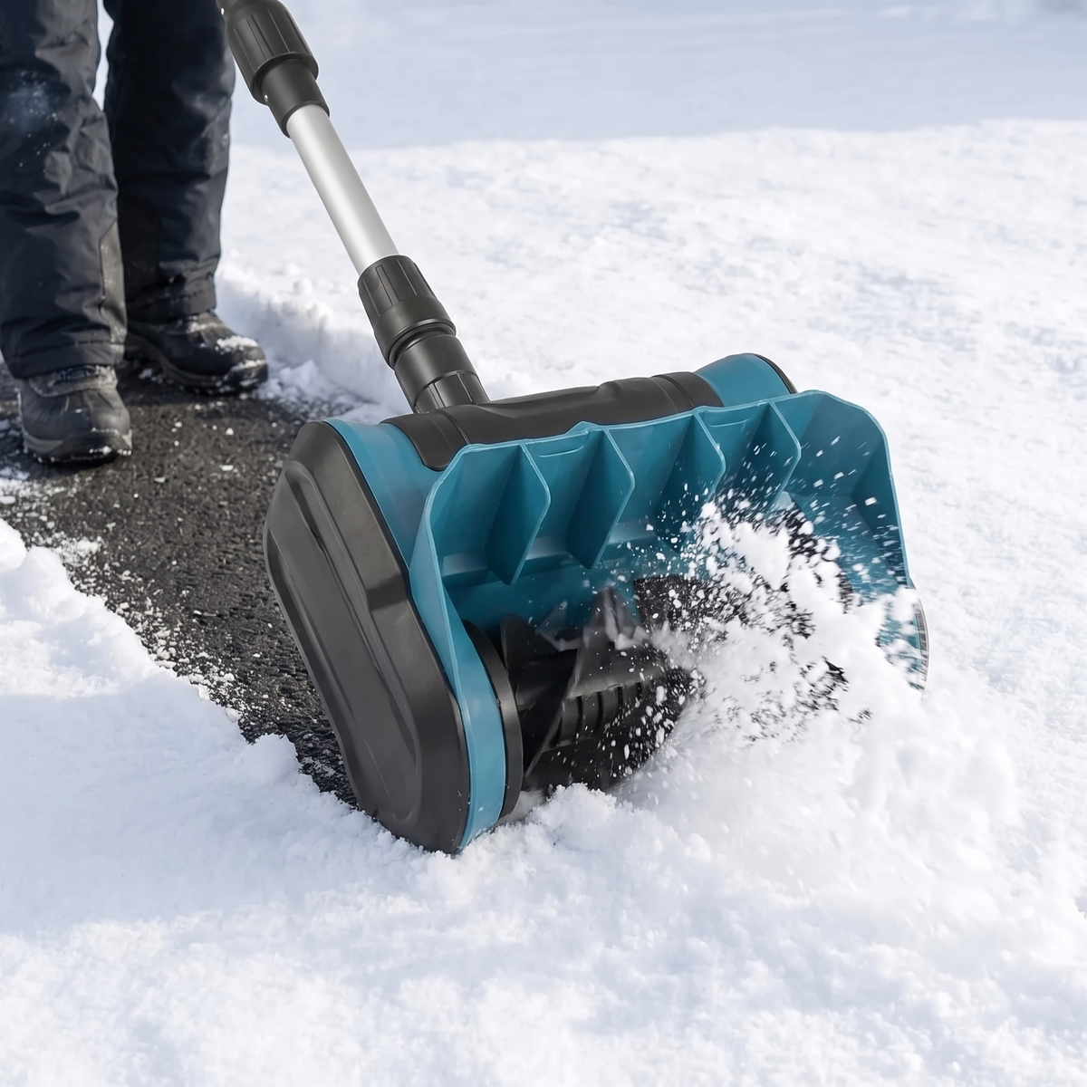 FrostSweeper brush head clearing snow down to bare asphalt
