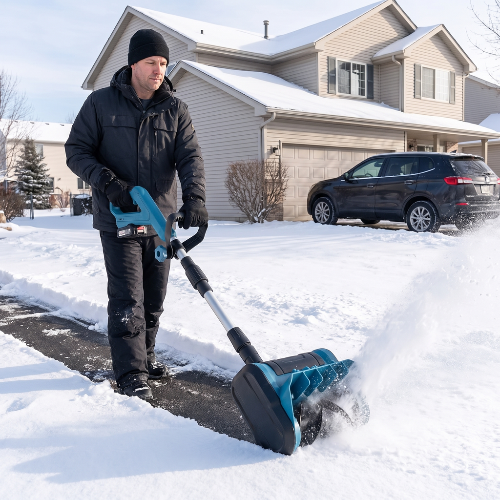 Man clearing a snowy driveway with the FrostSweeper cordless snow sweeper
