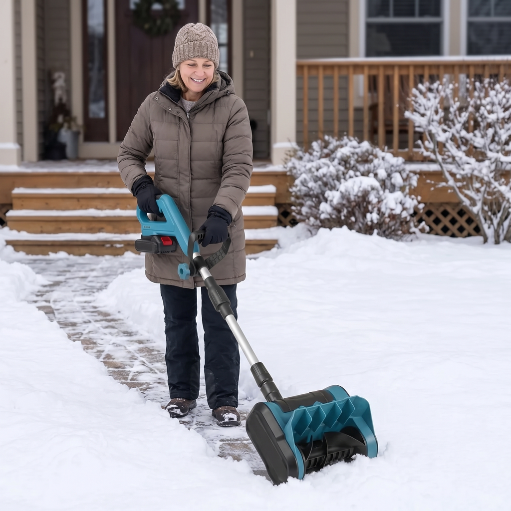Woman clearing a front walkway standing upright with the FrostSweeper